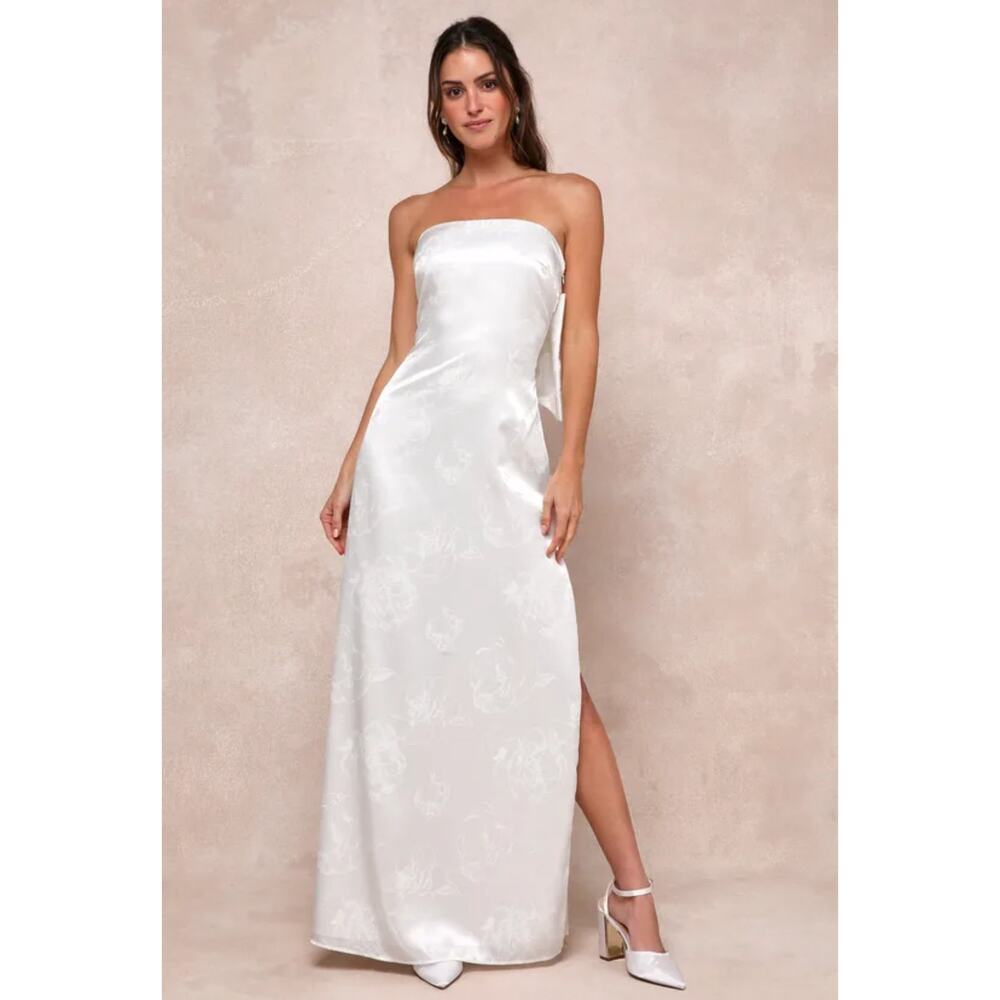 Lulus Avid Elegance Ivory Satin Jacquard Strapless Bow Maxi Dress Size Small